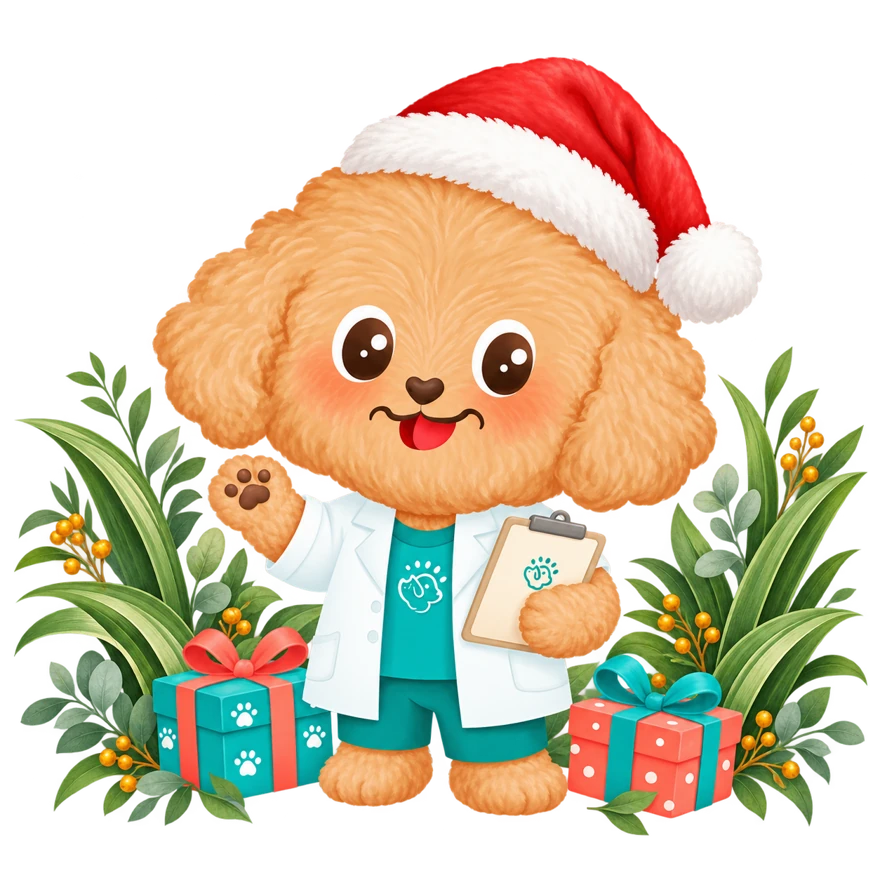 Dr. Teddy, Vetamind’s apricot poodle vet, wearing a Santa hat, waving with a wishlist and gifts among tropical leaves